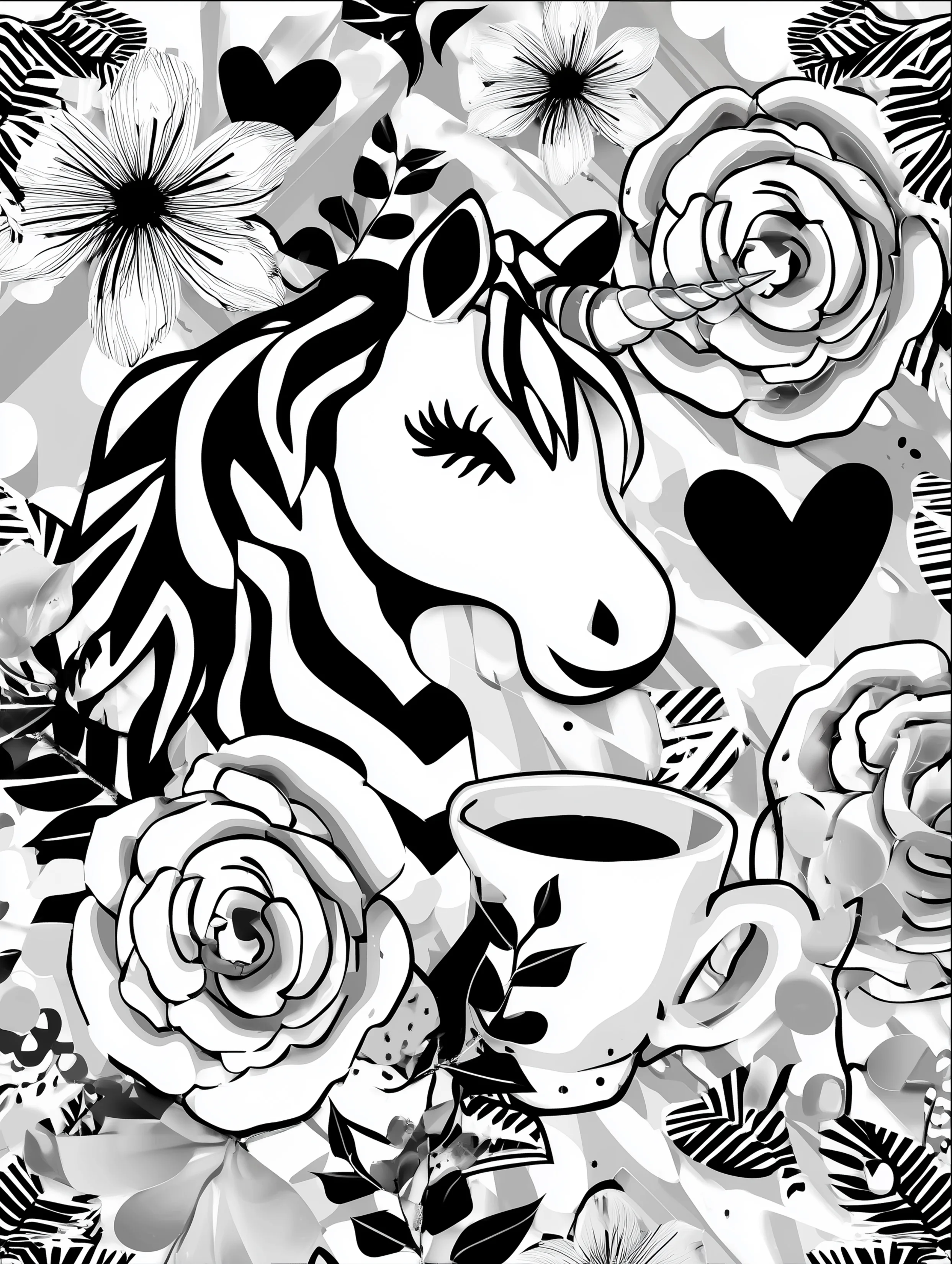 Free printable unicorn coloring page for adults featuring coffee with a unicorn theme